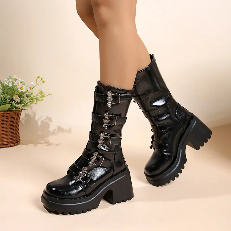 Women Fashion Bat Belt Buckle Round Toe Chunky Heel Mid-Calf Boots
