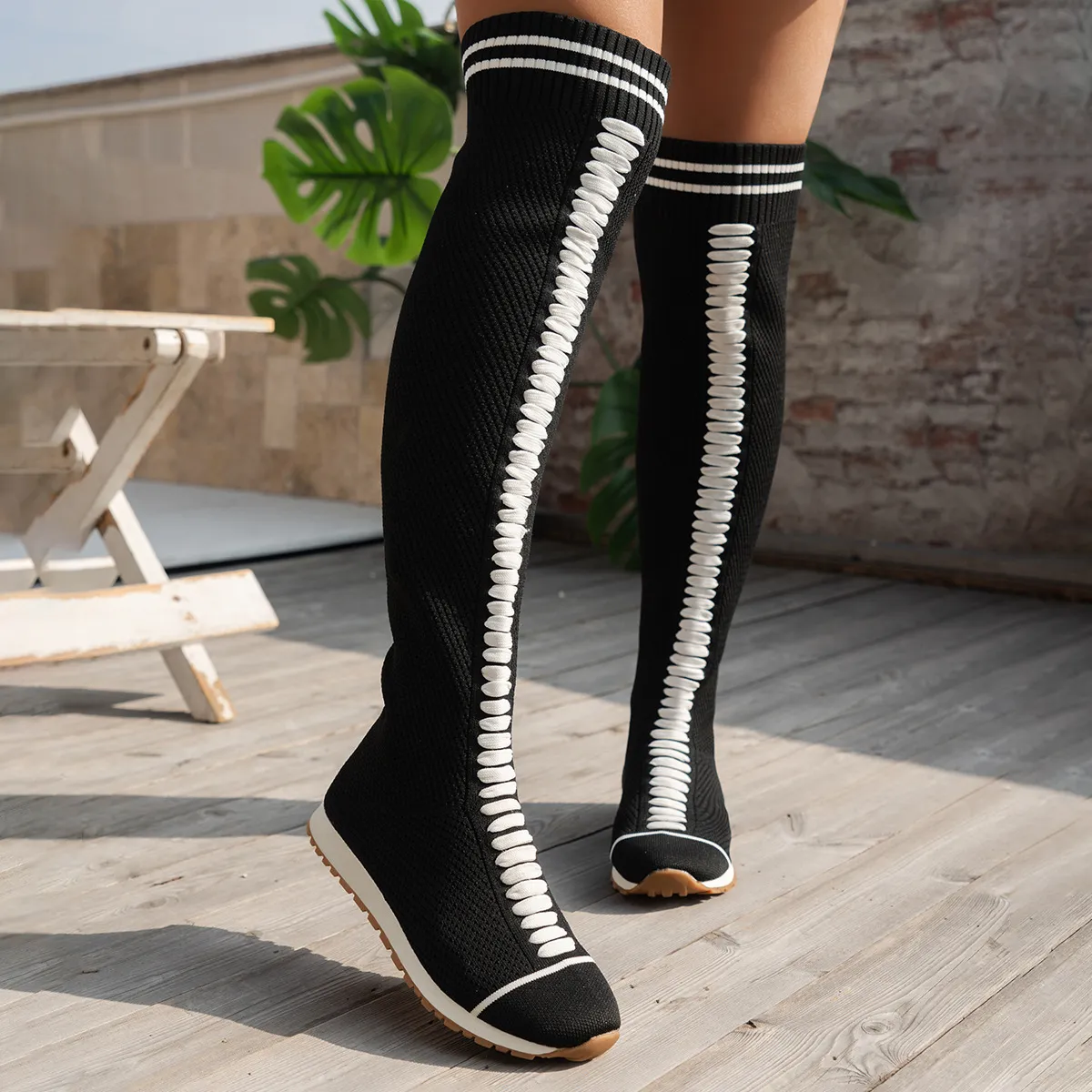 Fashion Plus Size Stretch Knitted Breathable Flat Over The Knee Boots