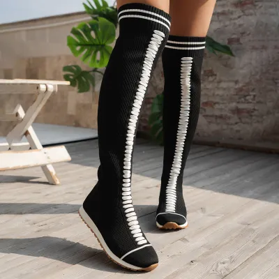 Fashion Plus Size Stretch Knitted Breathable Flat Over The Knee Boots