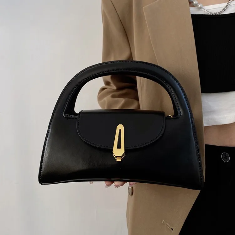 Women Fashion Solid Color Flap PU Handle Shoulder Bag Small