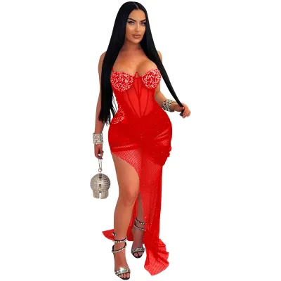 Women Sexy Elegant Gauze Rhinestone Party Dress