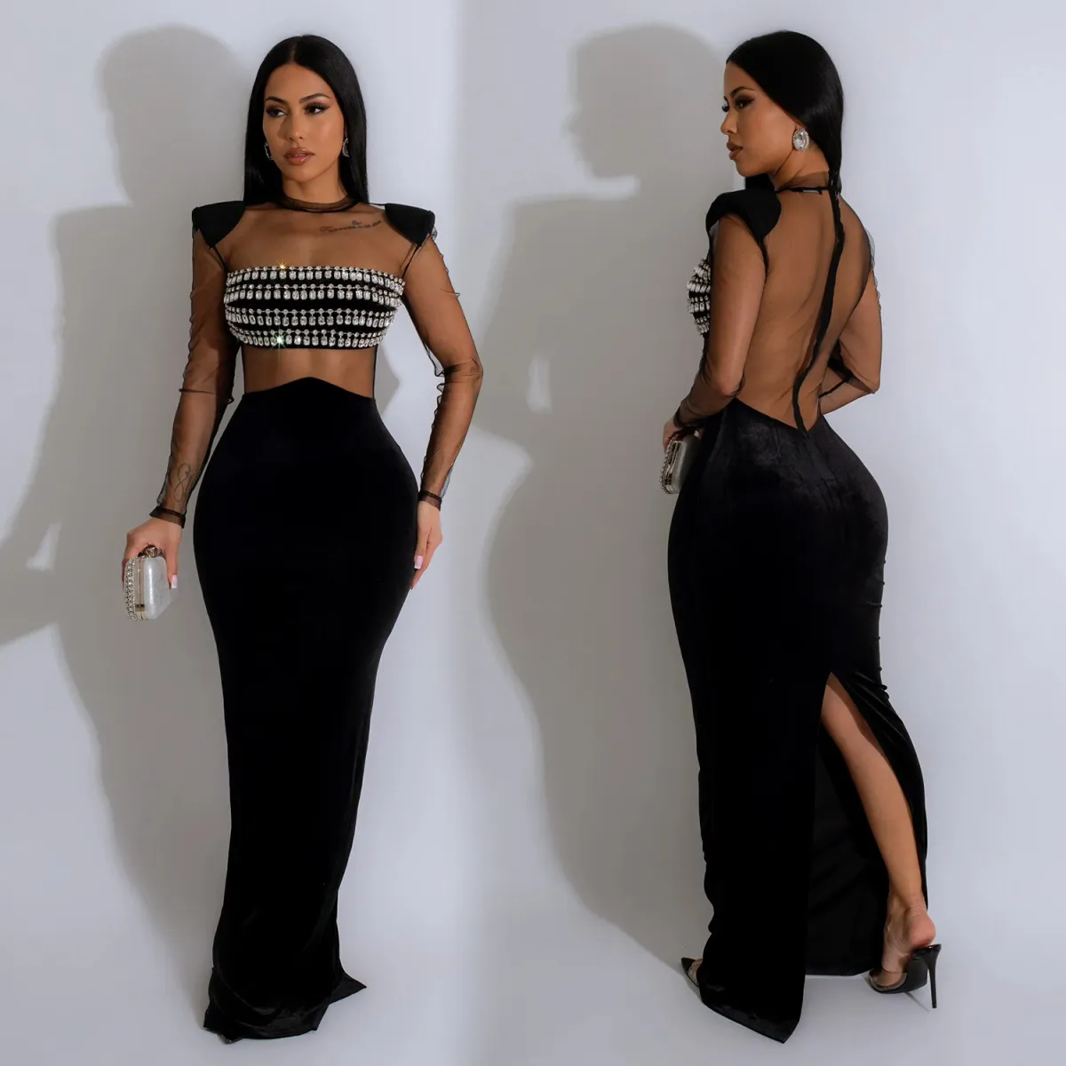 Women Sexy Mesh Perspective Rhinestone Long Sleeve Elegant Party Dress