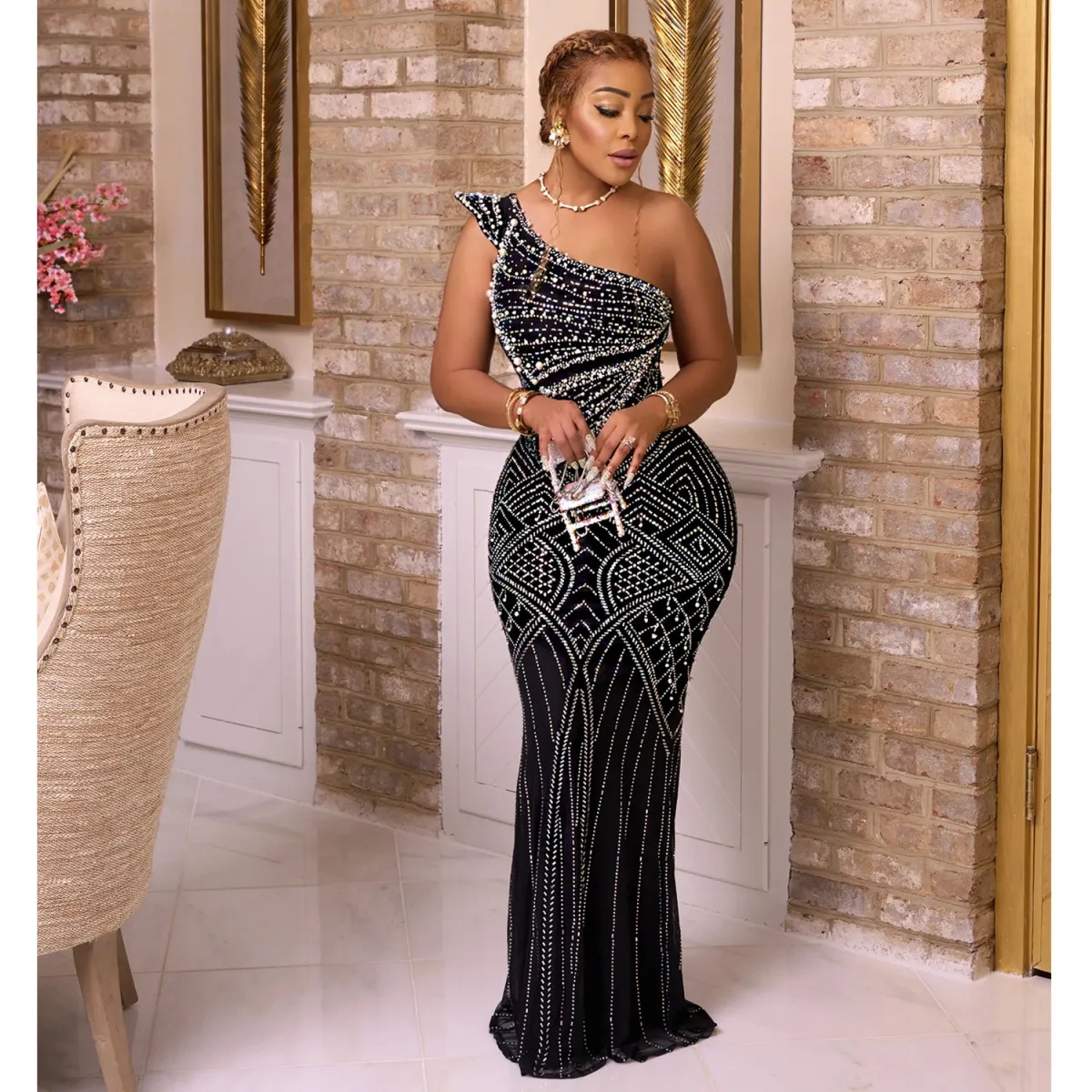 Women Fashion Sexy Slant Shoulder Party Dress Elegant Long