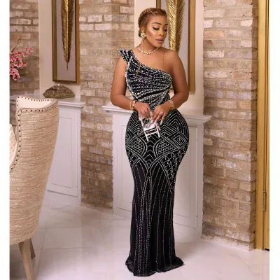 Women Fashion Sexy Slant Shoulder Party Dress Elegant Long