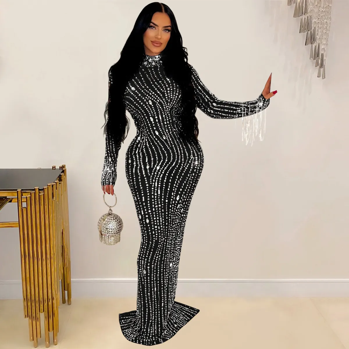 Women Fashion Sexy Mesh Rhinestone Long Sleeve Party Dress