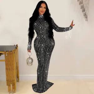 Women Fashion Sexy Mesh Rhinestone Long Sleeve Party Dress
