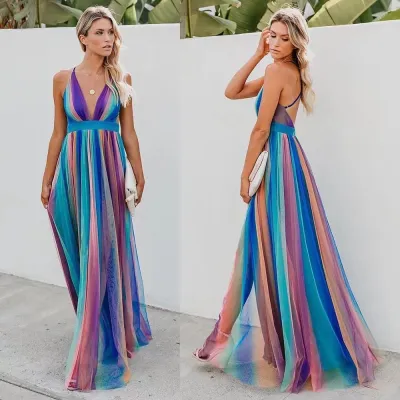 Women Fashion Multicolor Print V-Neck Sling Chiffon Maxi Dress