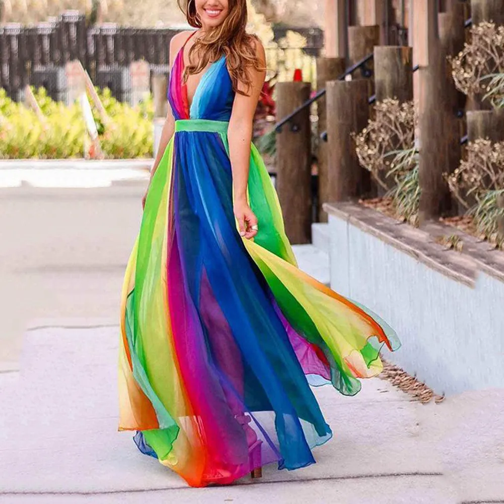 Women Fashion Multicolor Print V-Neck Sling Chiffon Maxi Dress
