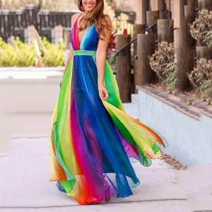 Women Fashion Multicolor Print V-Neck Sling Chiffon Maxi Dress