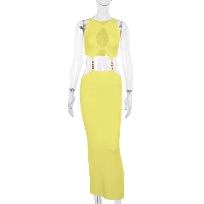 Women Sexy Solid Color Sleeveless Hollow Bodycon Maxi Dress