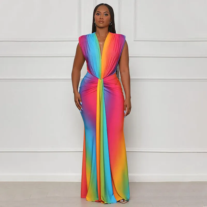 Women Fashion Sleeveless Multicolor Geometric Print Sexy Deep V Bodycon Maxi Dress