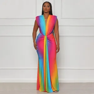 Women Fashion Sleeveless Multicolor Geometric Print Sexy Deep V Bodycon Maxi Dress