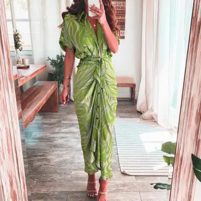 Women Fashion Floral Print Lace Maxi Dress