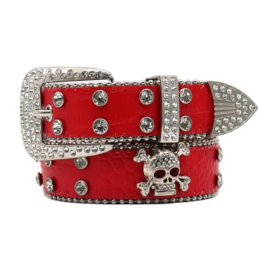 Women Fashion Punk Skull Rhinestone PU Leather Belt