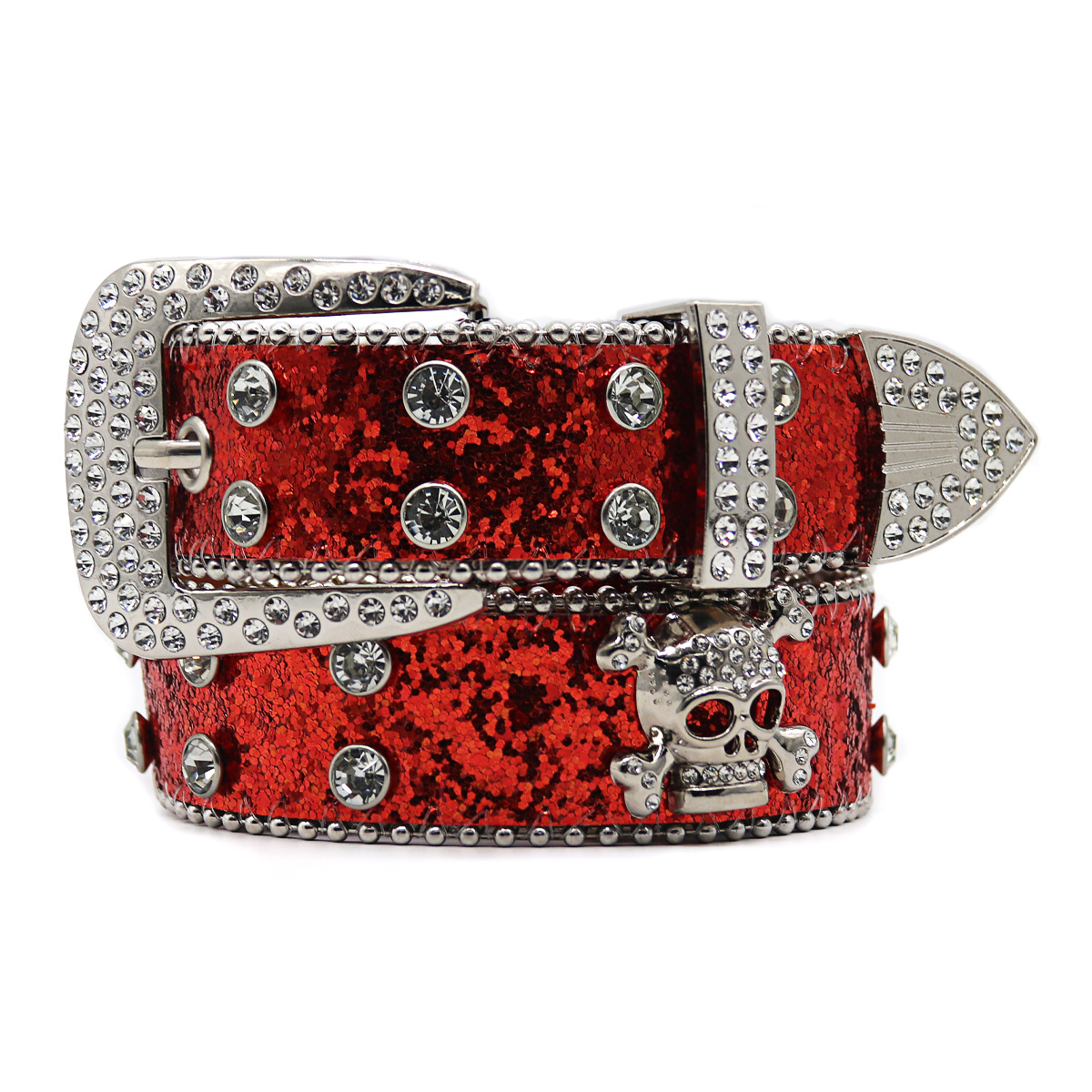 Metal Skull Buckle Silver Strap With Silver & Multi Studded