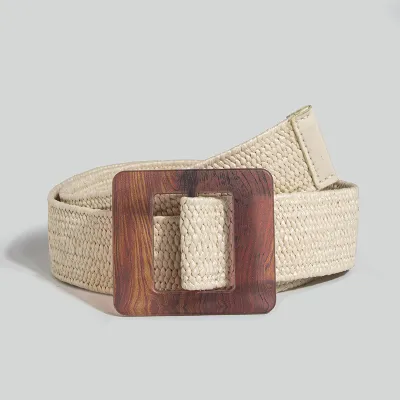 Women Fashion Simple Straw Woven Round Buckle Elastic Belt