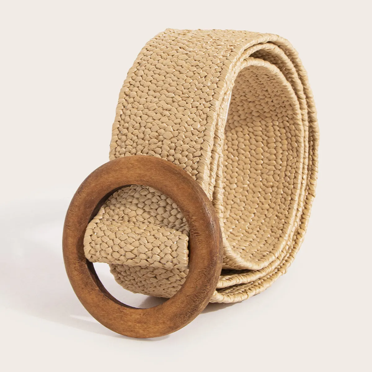 Women Fashion Simple Straw Woven Round Buckle Elastic Belt