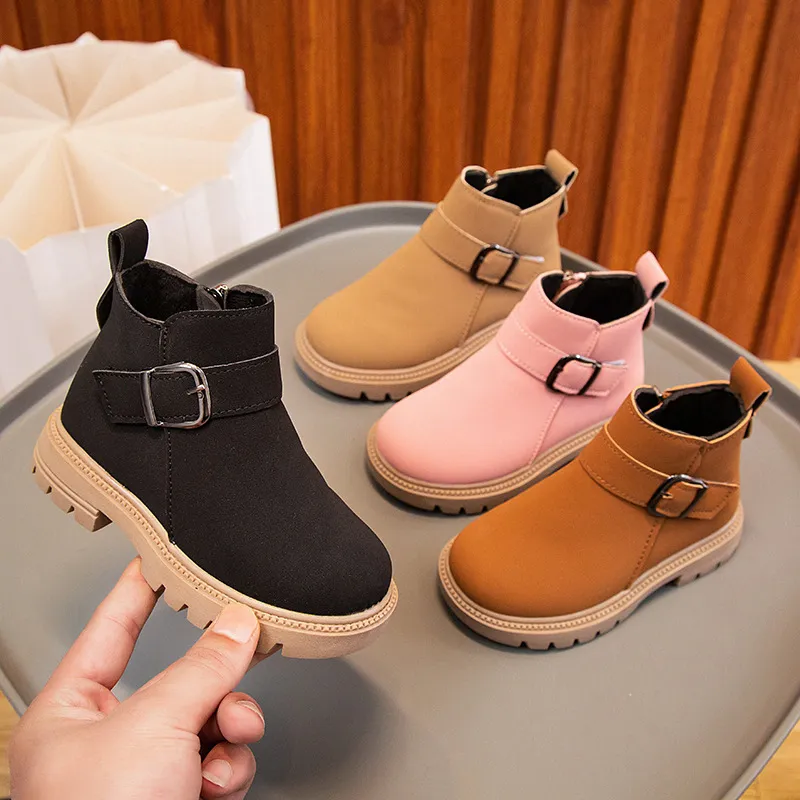 Winter Kids Vintage Solid Color PU Ankle Boots for Girls