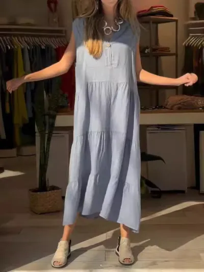 Summer Women Casual Solid Color V-Neck Cotton And Linen Maxi Dress