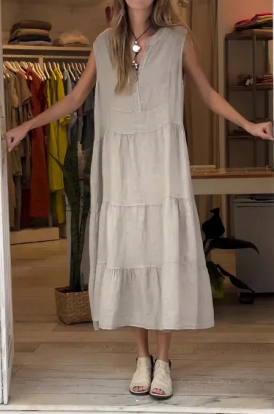 Summer Women Casual Solid Color V-Neck Cotton And Linen Maxi Dress