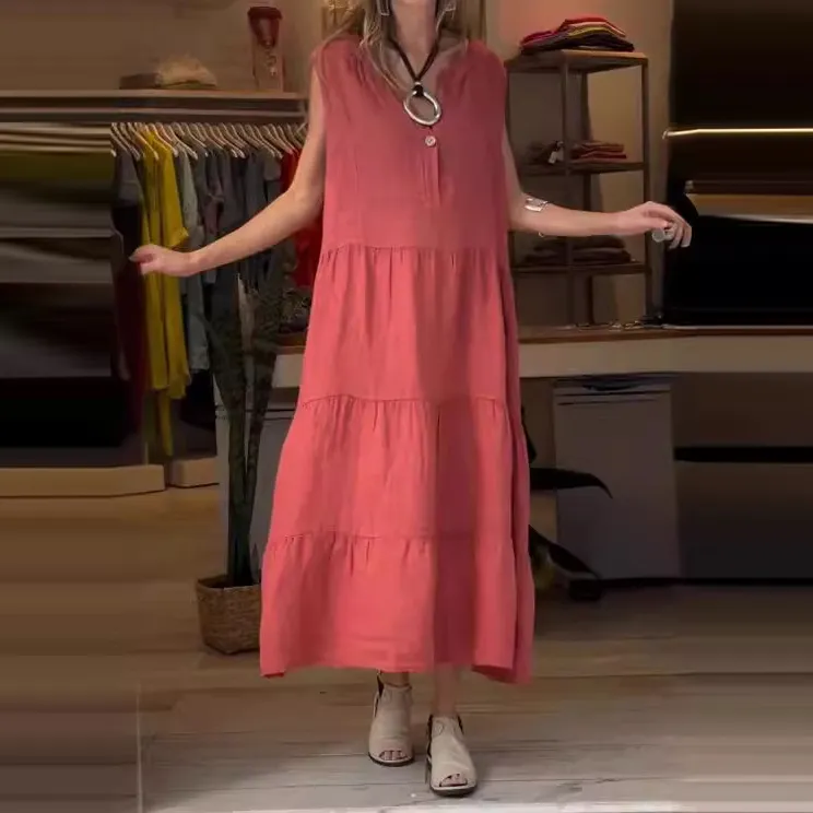 Summer Women Casual Solid Color V-Neck Cotton And Linen Maxi Dress