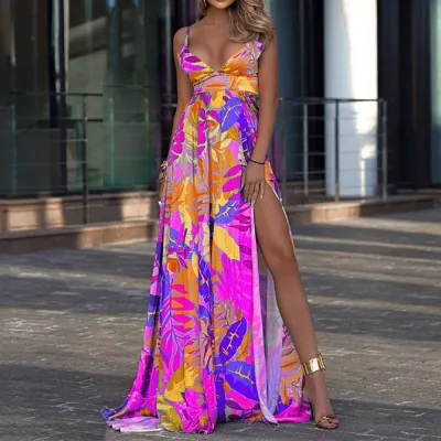 Summer Women Fashion Sexy Bohemian Floral Print Split Sling Maxi Dress