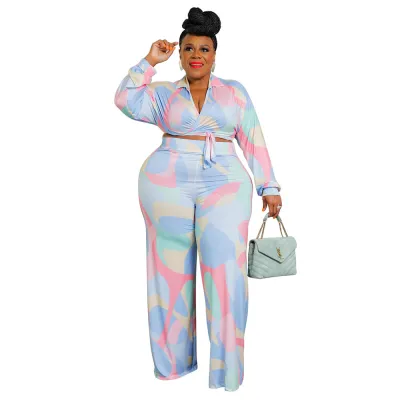 Women Plus Size Geometric Print Long Sleeve Lace-Up Top Wide Leg Pants Two-Piece Set