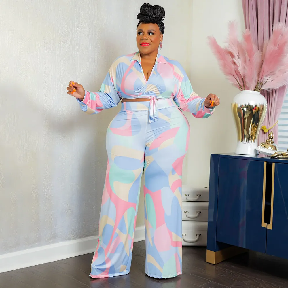 Women Plus Size Geometric Print Long Sleeve Lace-Up Top Wide Leg Pants Two-Piece Set