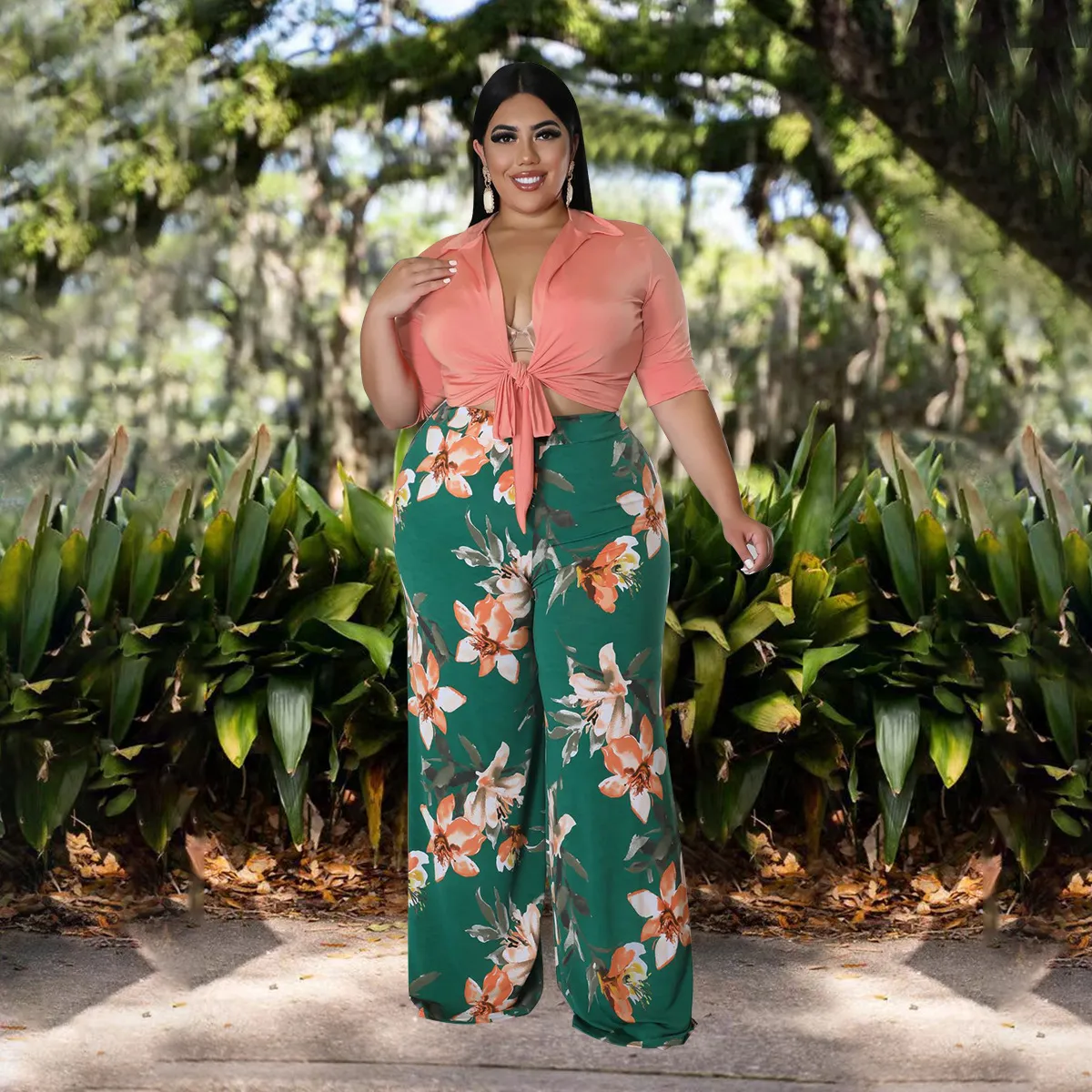 Summer Women Plus Size Lace-Up Top Floral Printed Wide-Leg Pants Two-Piece Set