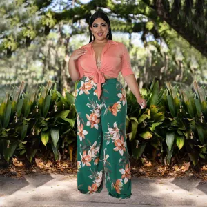 Summer Women Plus Size Lace-Up Top Floral Printed Wide-Leg Pants Two-Piece Set