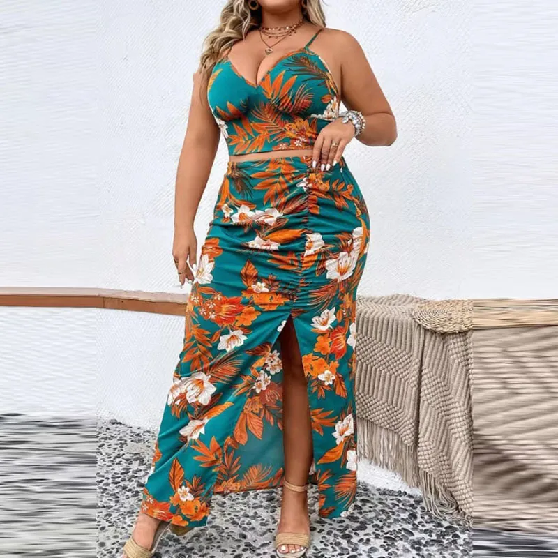 Summer Women Fashion Sexy Plus Size Leaf Floral Print Camisole Split Skirt Two-Piece Set