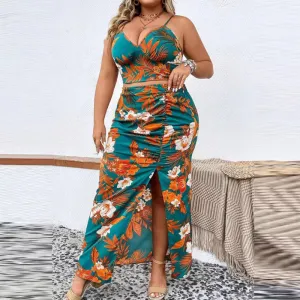 Summer Women Fashion Sexy Plus Size Leaf Floral Print Camisole Split Skirt Two-Piece Set