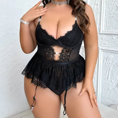 Women Plus Size Lace See-Through Lingerie Set for Role Play
