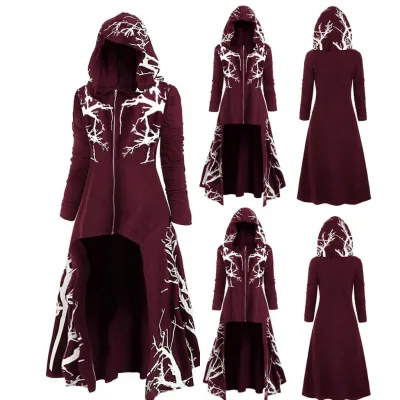 Plus Size Gothic Hooded Halloween Poncho Printing Long Dress