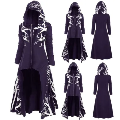 Plus Size Gothic Hooded Halloween Poncho Printing Long Dress