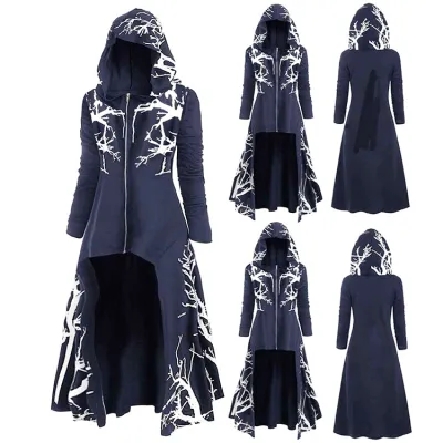Plus Size Gothic Hooded Halloween Poncho Printing Long Dress