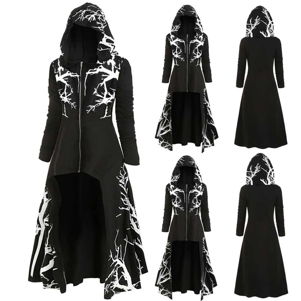 Plus Size Gothic Hooded Halloween Poncho Printing Long Dress