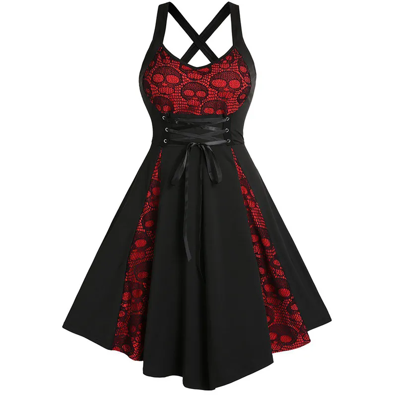 Gothic Women Skeleton Lace Stitching Dress Sleeveless Party Halloween