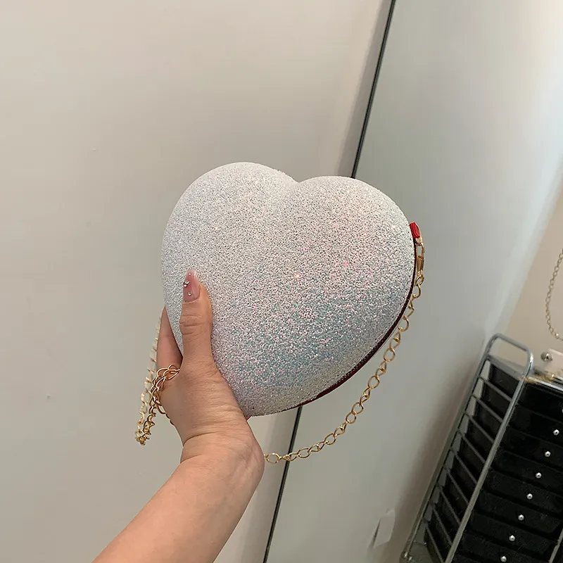 Women Fashion Creative Thin Flash Heart Shape Chain Crossbody Bag