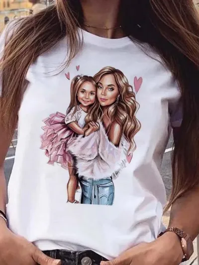 Summer Women Fashion Cartoon Parent-Child Pattern Printed Crewneck Short-Sleeved T-Shirt