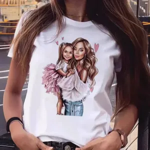 Summer Women Fashion Cartoon Parent-Child Pattern Printed Crewneck Short-Sleeved T-Shirt