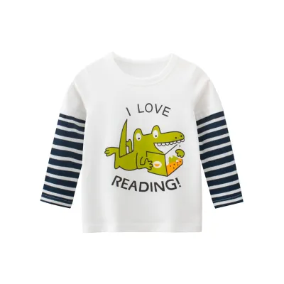 Boys Cartoon Dinosaur Print Long Sleeve T-Shirt Casual Cotton Stripe