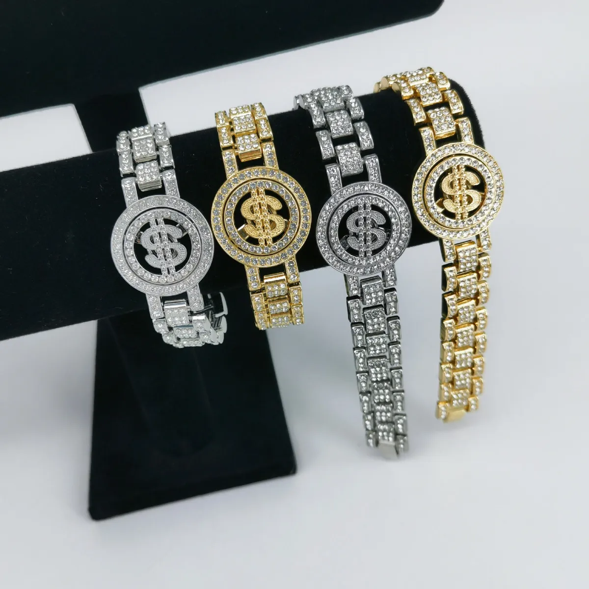 Women Fashion Exaggerated Rotating Dollar Rhinestone Bracelet Hip-Hop Cuban Chain