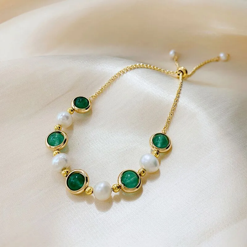 Women Fashion Baroque Freshwater Pearl Green Crystal Bracelet
