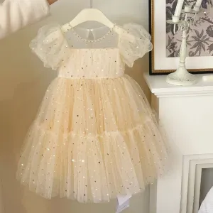 Girl's Sequin Bubble Sleeve Mesh Tutu Princess Dress Short Sleeve Solid Color Cotton