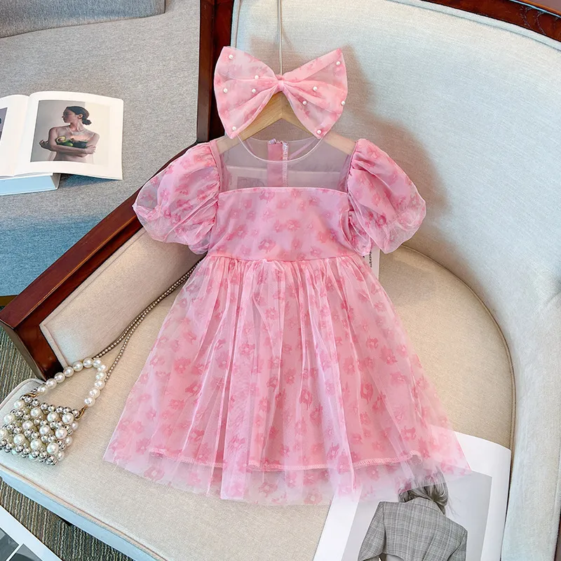 Girls Fashion Printed Mesh Bow Short Sleeve Princess Dress for Baby Girls 0-3T
