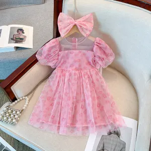 Girls Fashion Printed Mesh Bow Short Sleeve Princess Dress for Baby Girls 0-3T
