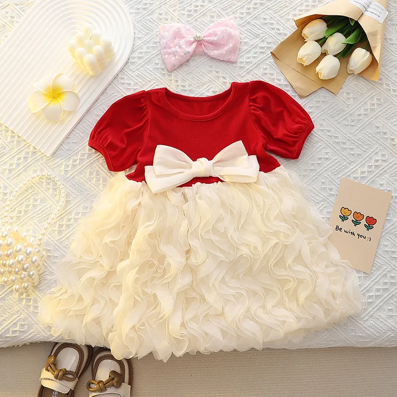 Girl's Fashion Contrast Mesh Bow Dress - Princess Style Cotton Blend A-Line Short Sleeve Dress for Baby Girls