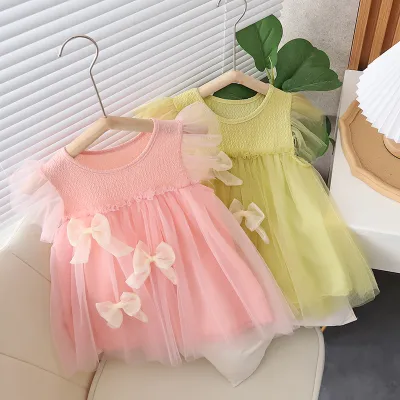 Girls Fashion Solid Color Mesh Bow Dress