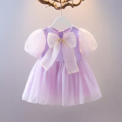 Girls Fashion Solid Color Mesh Puff Sleeve Bow Princess Dress for Baby (0-3T)